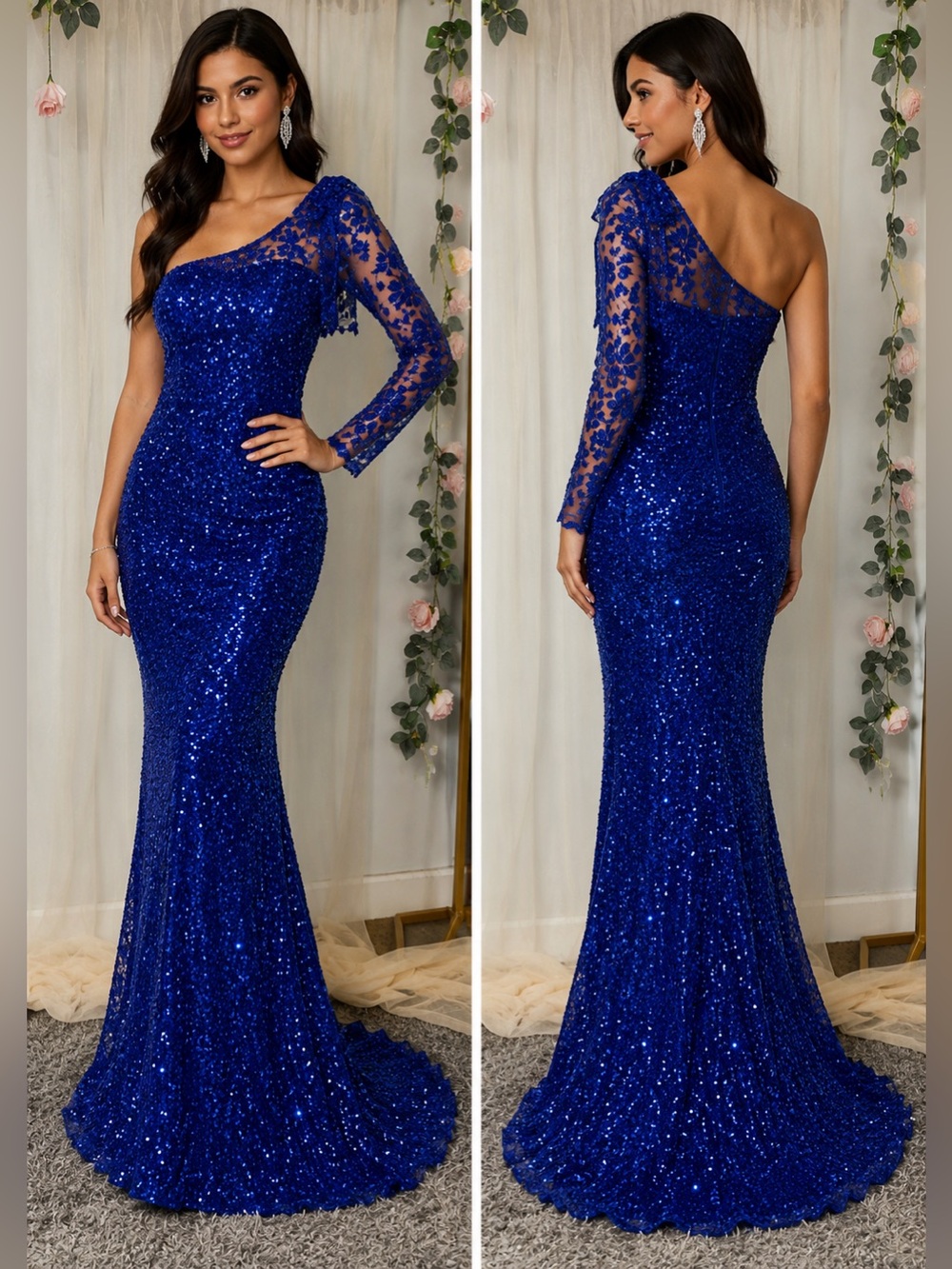 Faeriesty Royal Blue Sequin One Shoulder Lace Prom Gown M NWT